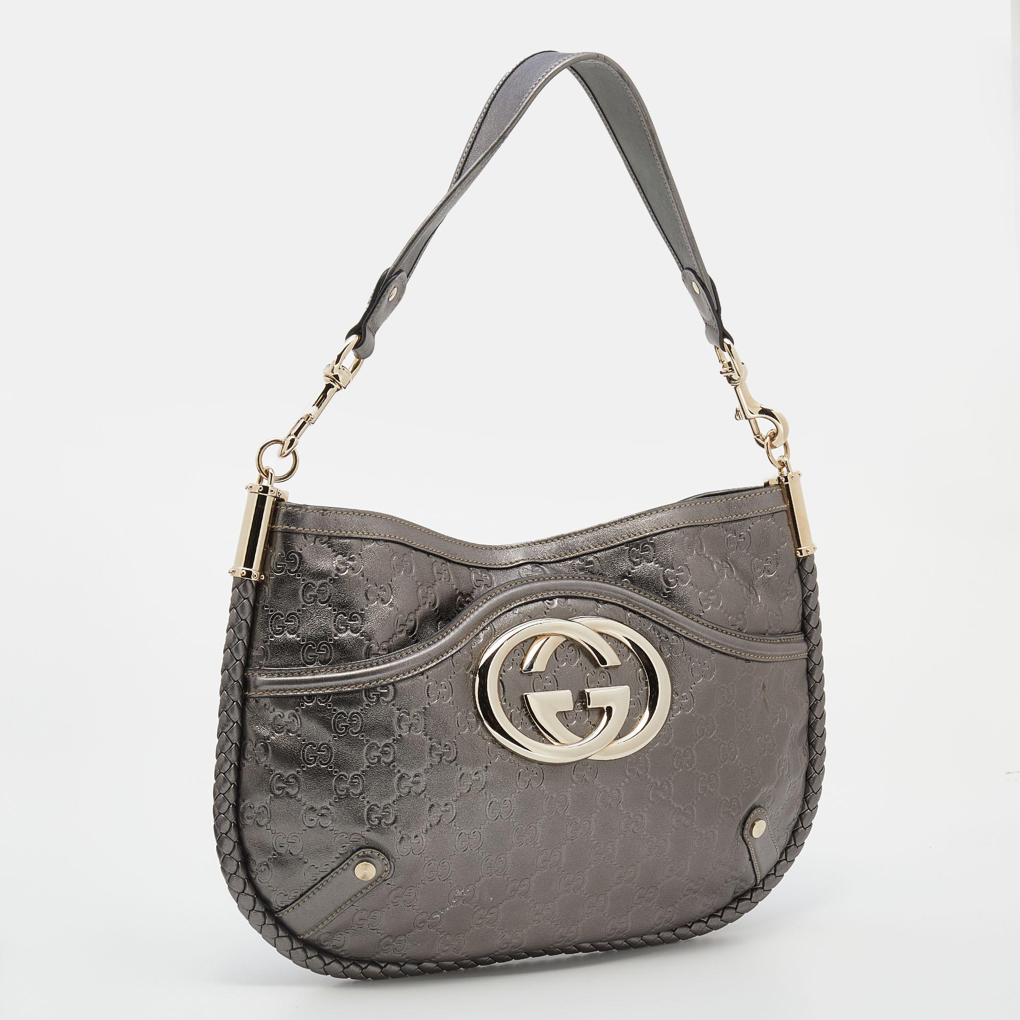 Gray Gucci Metallic Grey Guccissima Leather Medium Britt Shoulder Bag