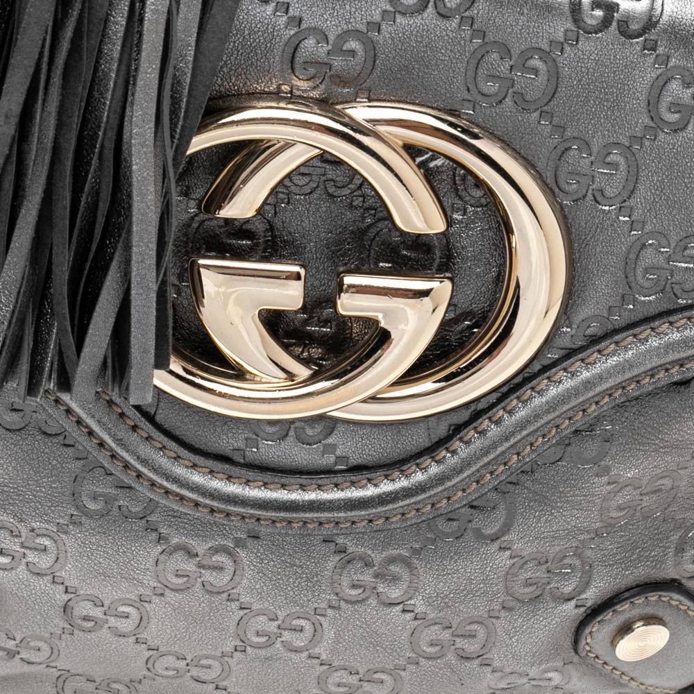 Gucci Metallic Grey Guccissima Leather Small Britt Tassel Hobo In Good Condition In Dubai, Al Qouz 2