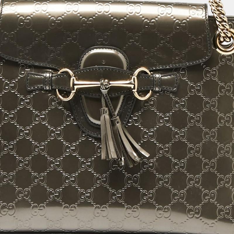 Gucci Metallic Grey Guccissima Patent Leather Large Emily Chain Shoulder Bag 6