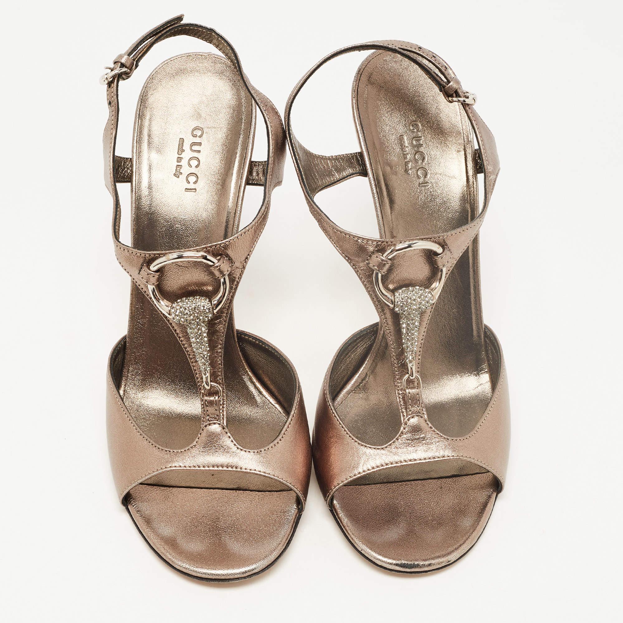 Brown Gucci Metallic Grey Leather Crystal Embellished Buckle T-Strap Sandals Size 38