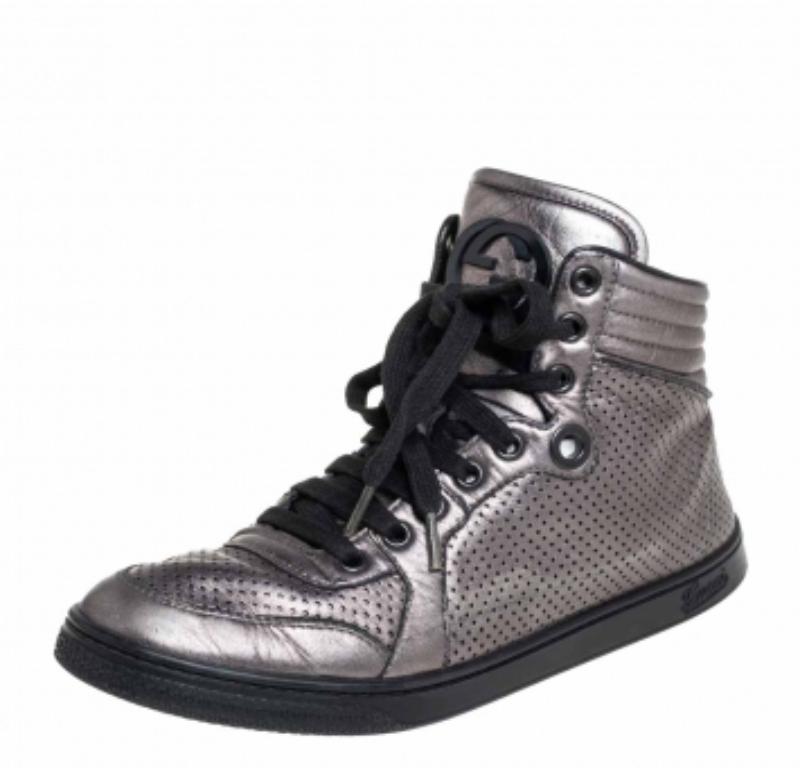 Gray Gucci Metallic Grey Leather High-Top Sneakers Size 37 For Sale