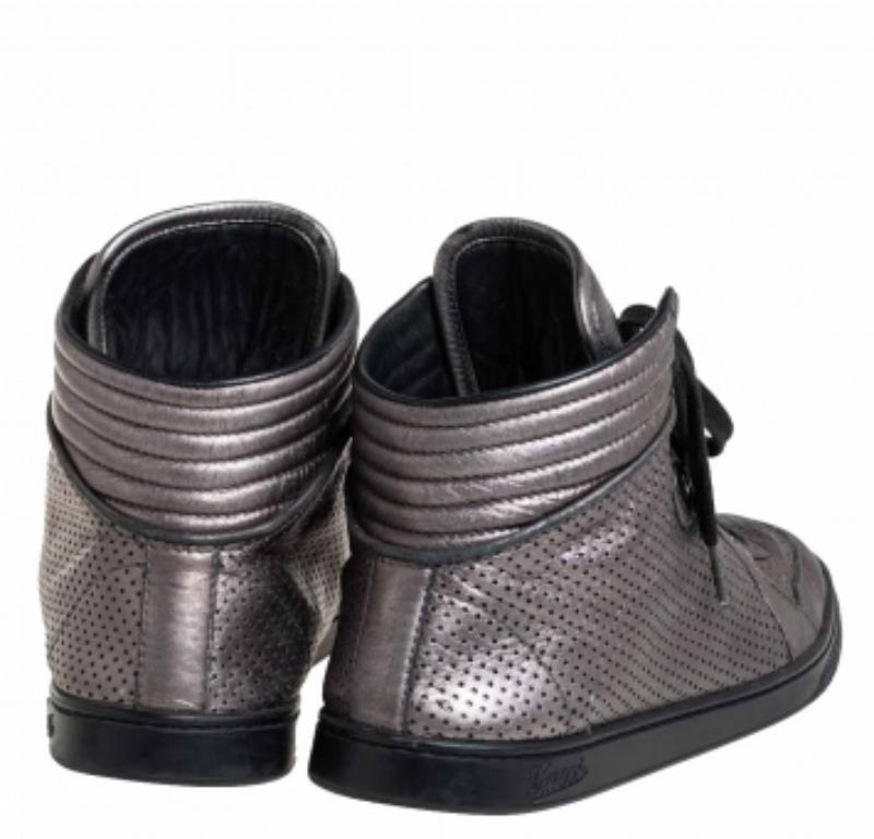 Women's Gucci Metallic Grey Leather High-Top Sneakers Size 37 For Sale