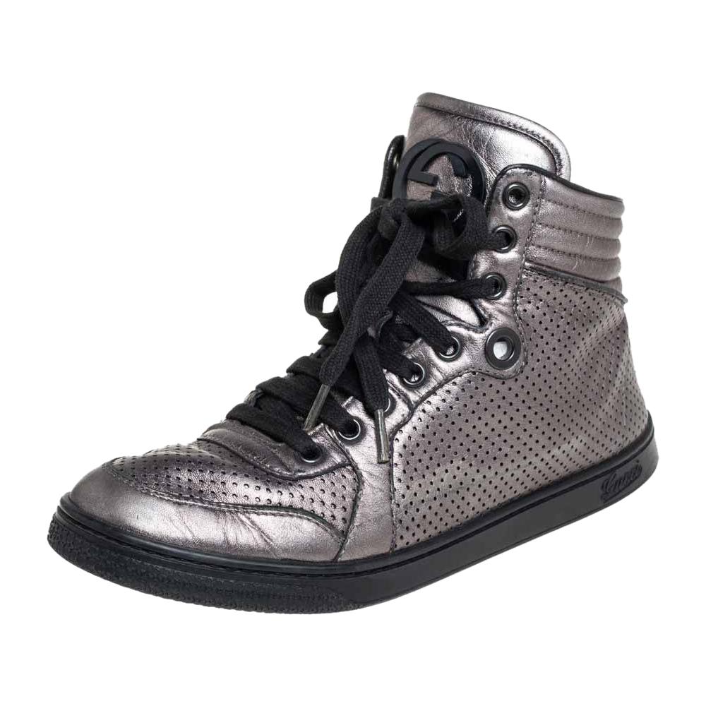 Gucci Metallic Grey Leather High-Top Sneakers Size 37 For Sale