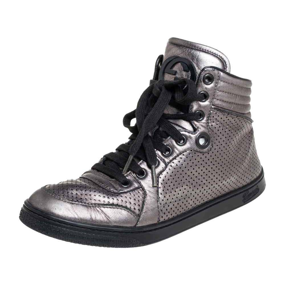 Gucci Metallic Grey Leather High-Top Sneakers Size 37 For Sale at 1stDibs
