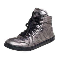 Used Gucci Metallic Grey Leather High-Top Sneakers Size 37