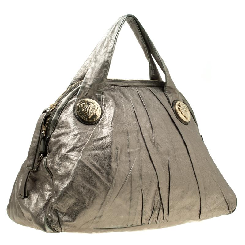Gray Gucci Metallic Grey Leather Large Hysteria Top Handle Bag