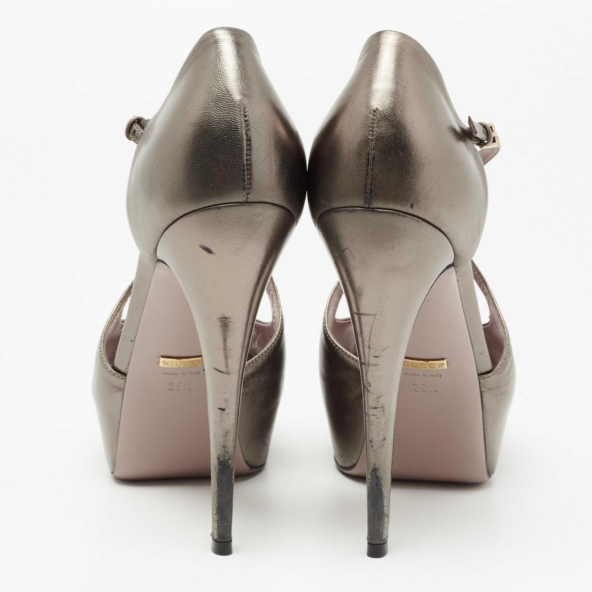 Women's Gucci Metallic Grey Leather Lili Peep-Toe Platform Pumps Size 39.5 For Sale