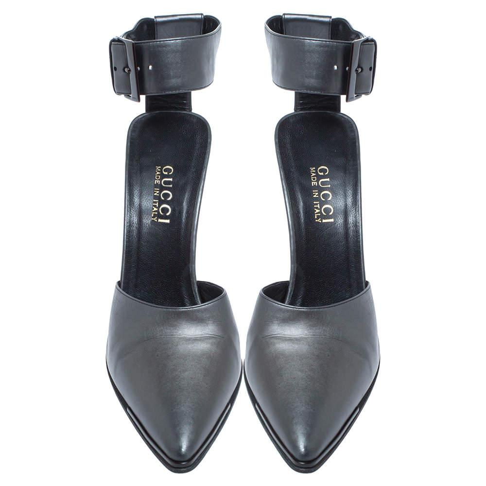 Gray Gucci Metallic Grey Leather Vintage Pointed Toe Ankle Strap Pumps Size 39