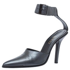 Gucci Metallic Grau Leder Vintage Pumps mit spitzer Zehe und Knöchelriemen Größe 39