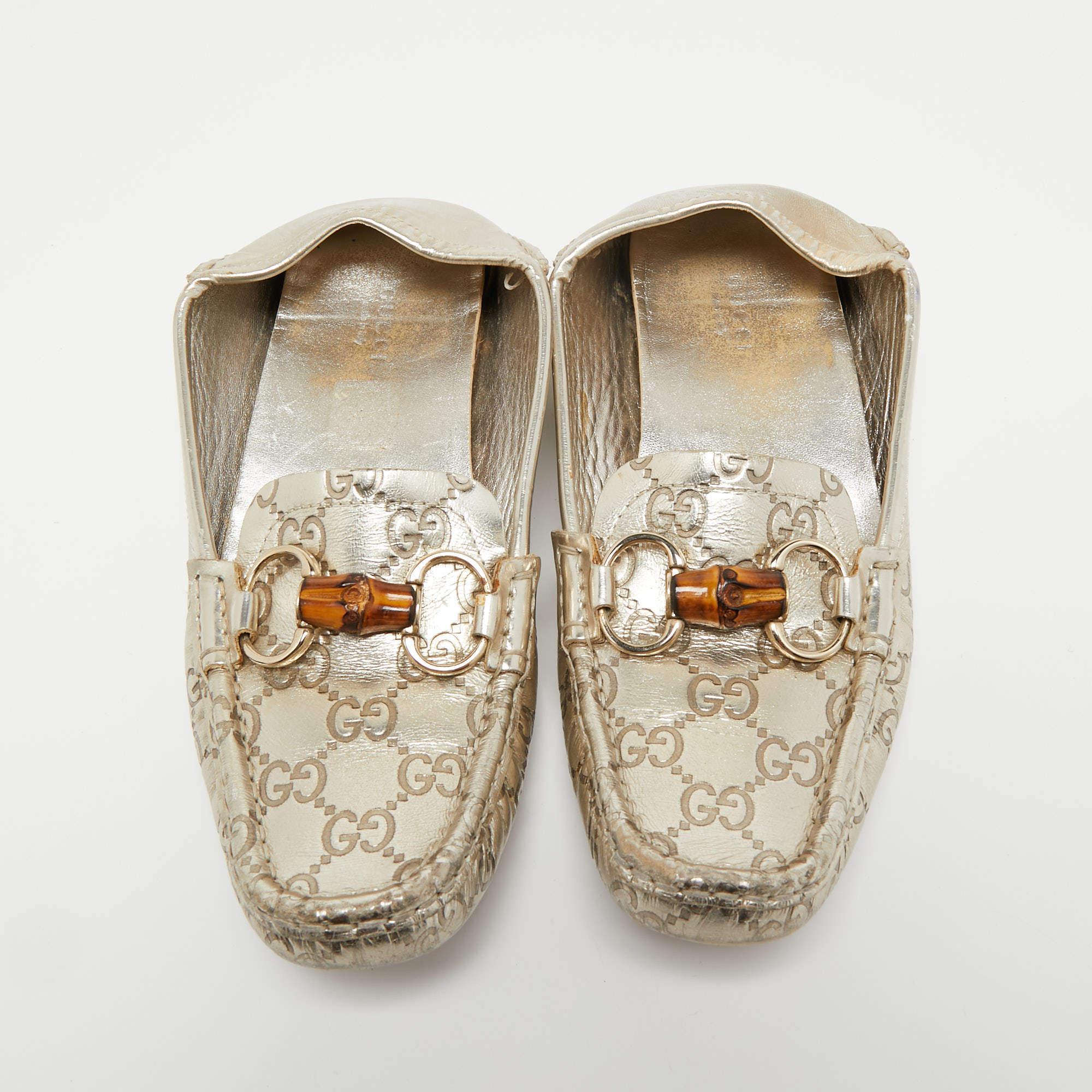 Beige Gucci Metallic Guccissima Leather Bamboo Horsebit Slip On Loafers Size 37