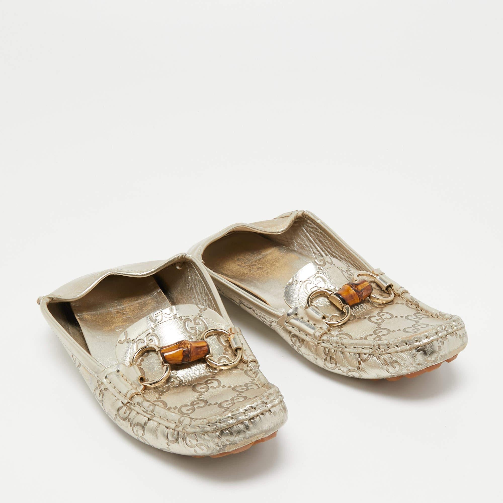 Gucci Metallic Guccissima Leather Bamboo Horsebit Slip On Loafers Size 37 In Good Condition In Dubai, Al Qouz 2
