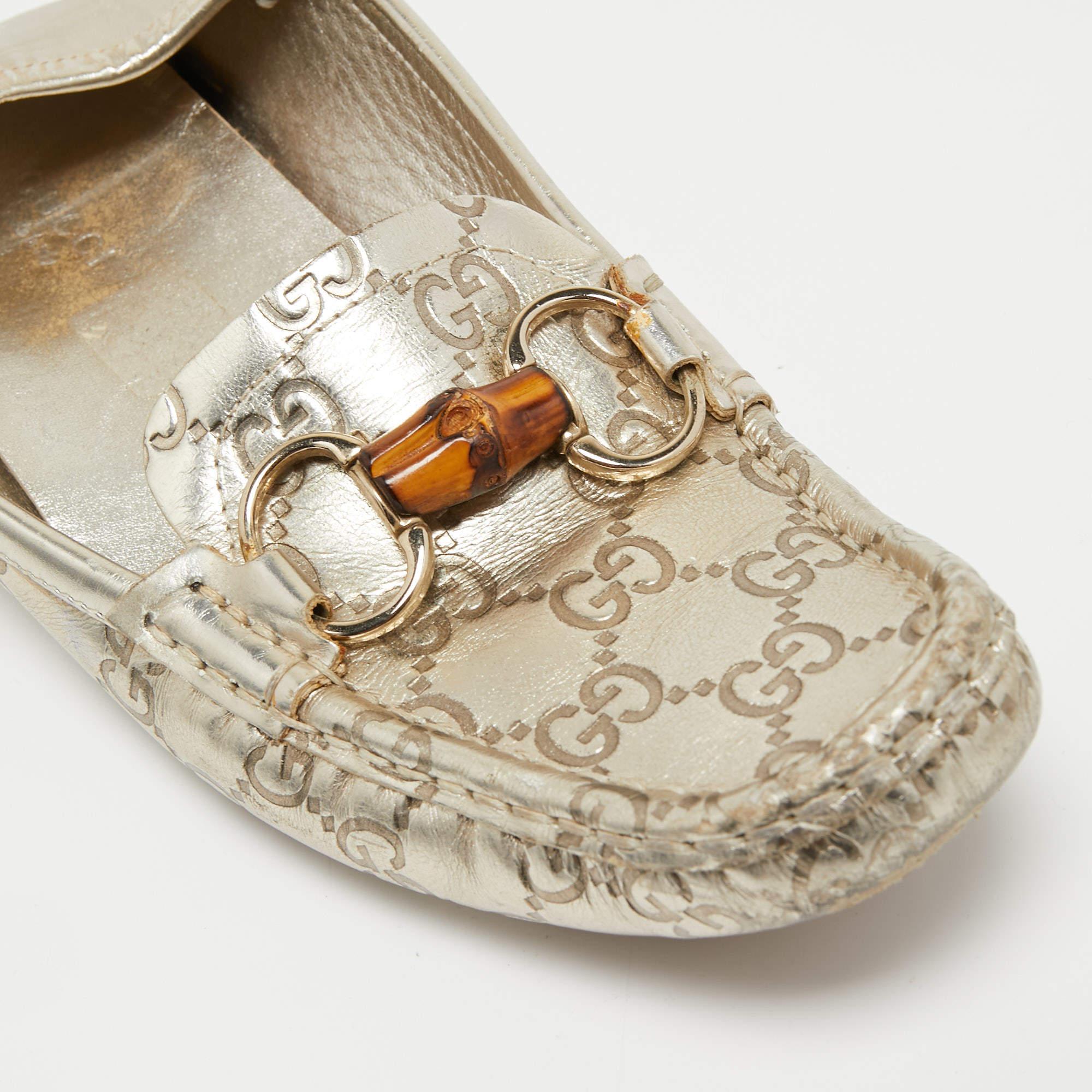 Gucci Metallic Guccissima Leather Bamboo Horsebit Slip On Loafers Size 37 2