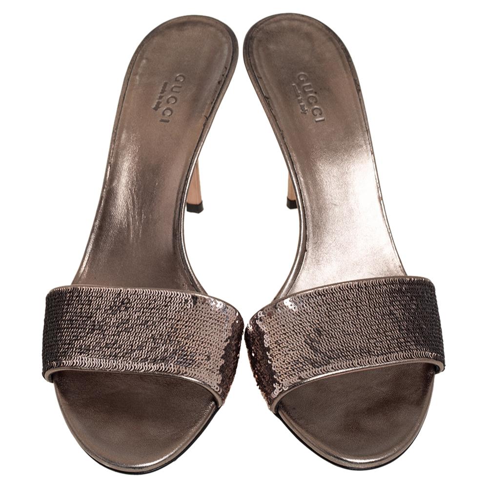 Gray Gucci Metallic Gunmetal Sequin Embellished Slide Sandals Size 40