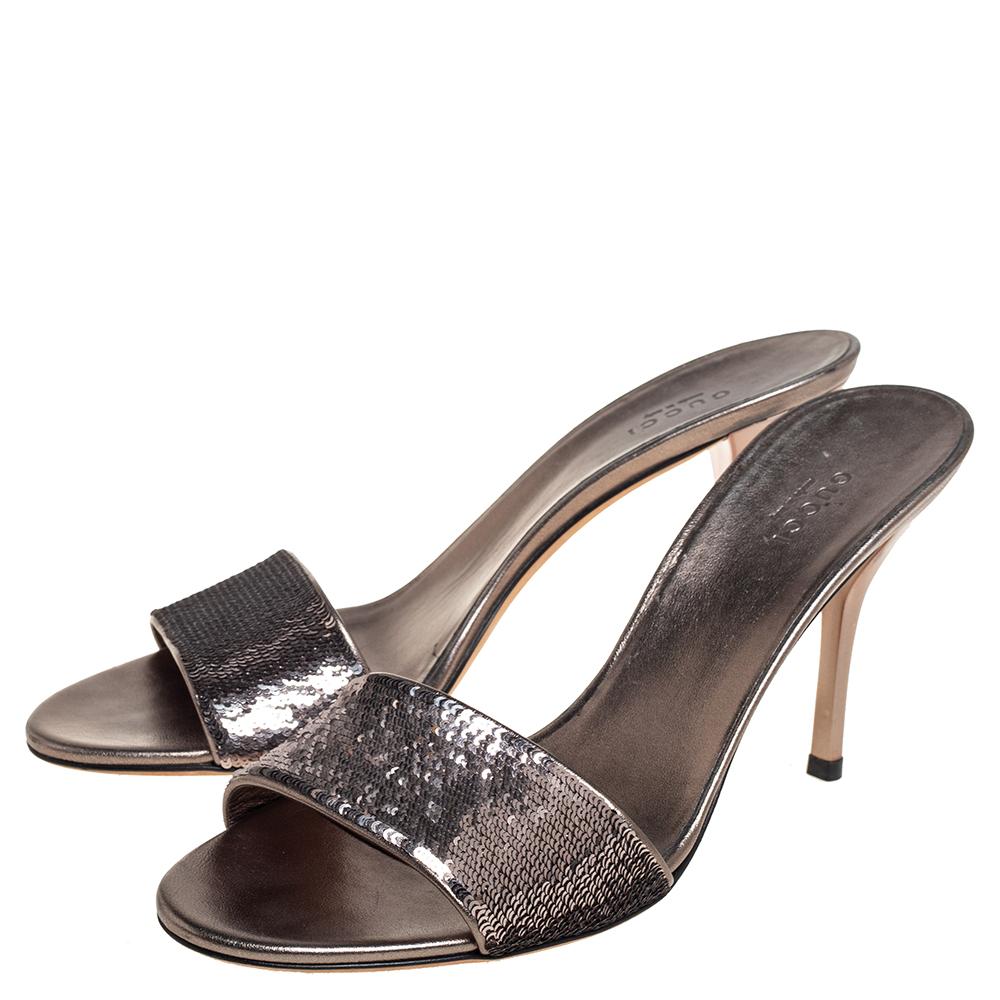 Women's Gucci Metallic Gunmetal Sequin Embellished Slide Sandals Size 40