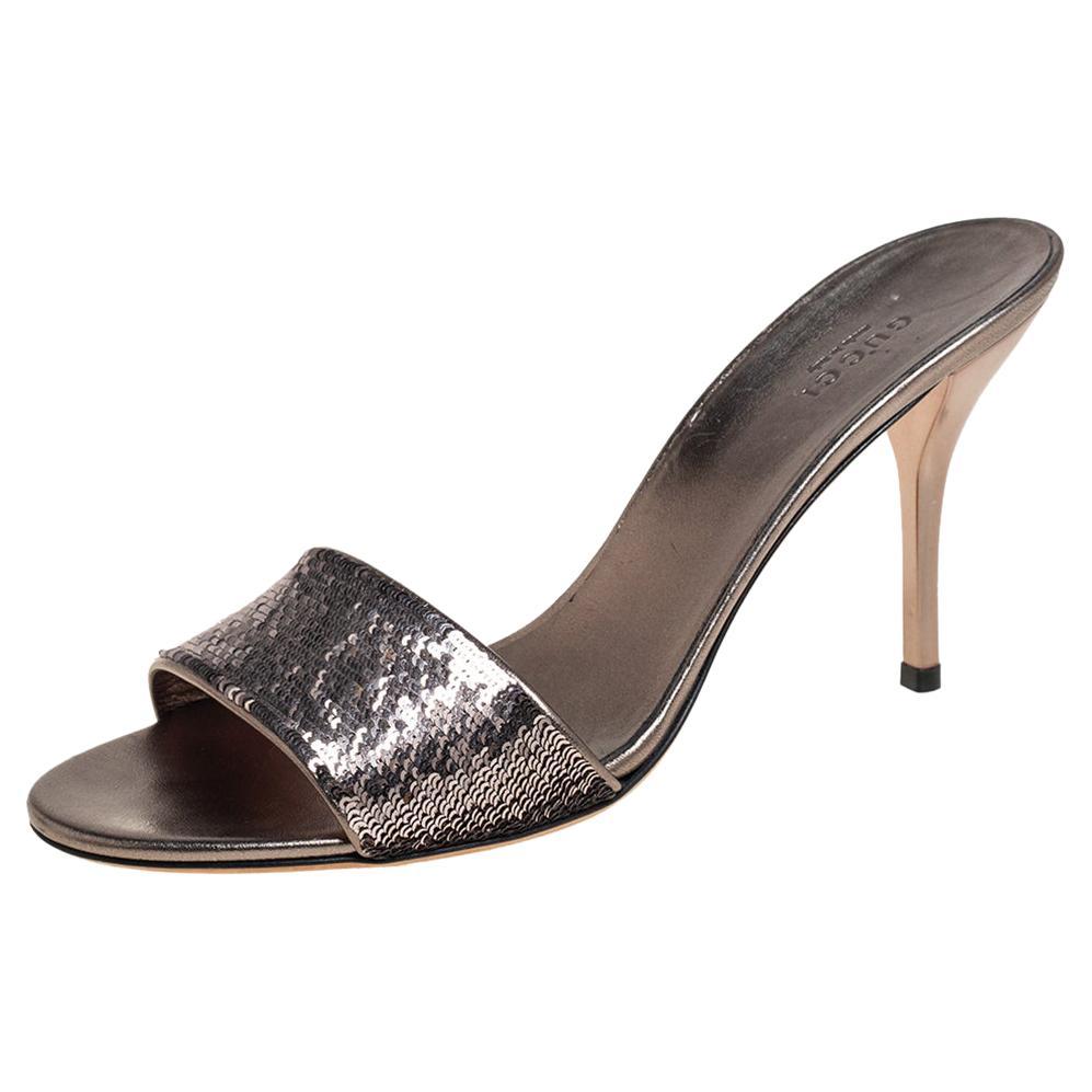 Gucci Metallic Gunmetal Sequin Embellished Slide Sandals Size 40