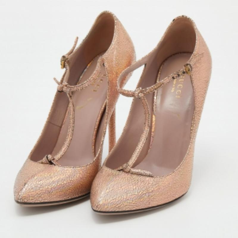 Marron Gucci escarpins Beverly en cuir craquelé métallisé avec bride en T, taille 37