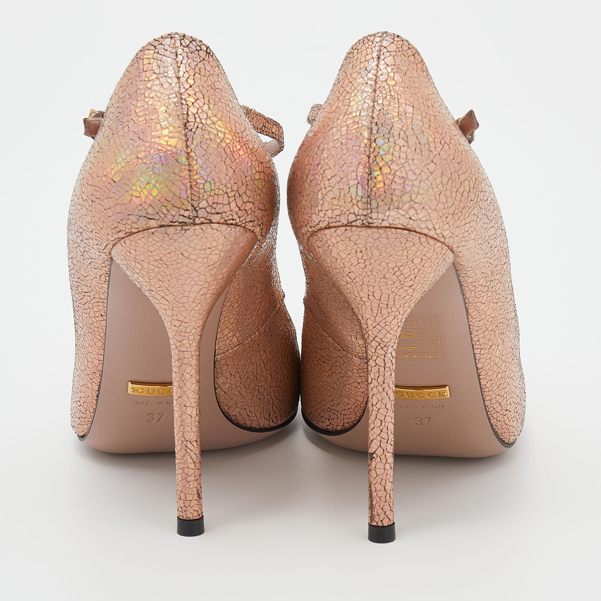 Brown Gucci Metallic Holographic Crackled Leather Beverly T-Strap Pumps Size 37 For Sale