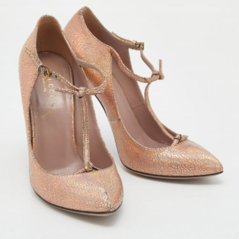  Gucci escarpins Beverly en cuir craquelé métallisé avec bride en T, taille 37 Pour femmes 