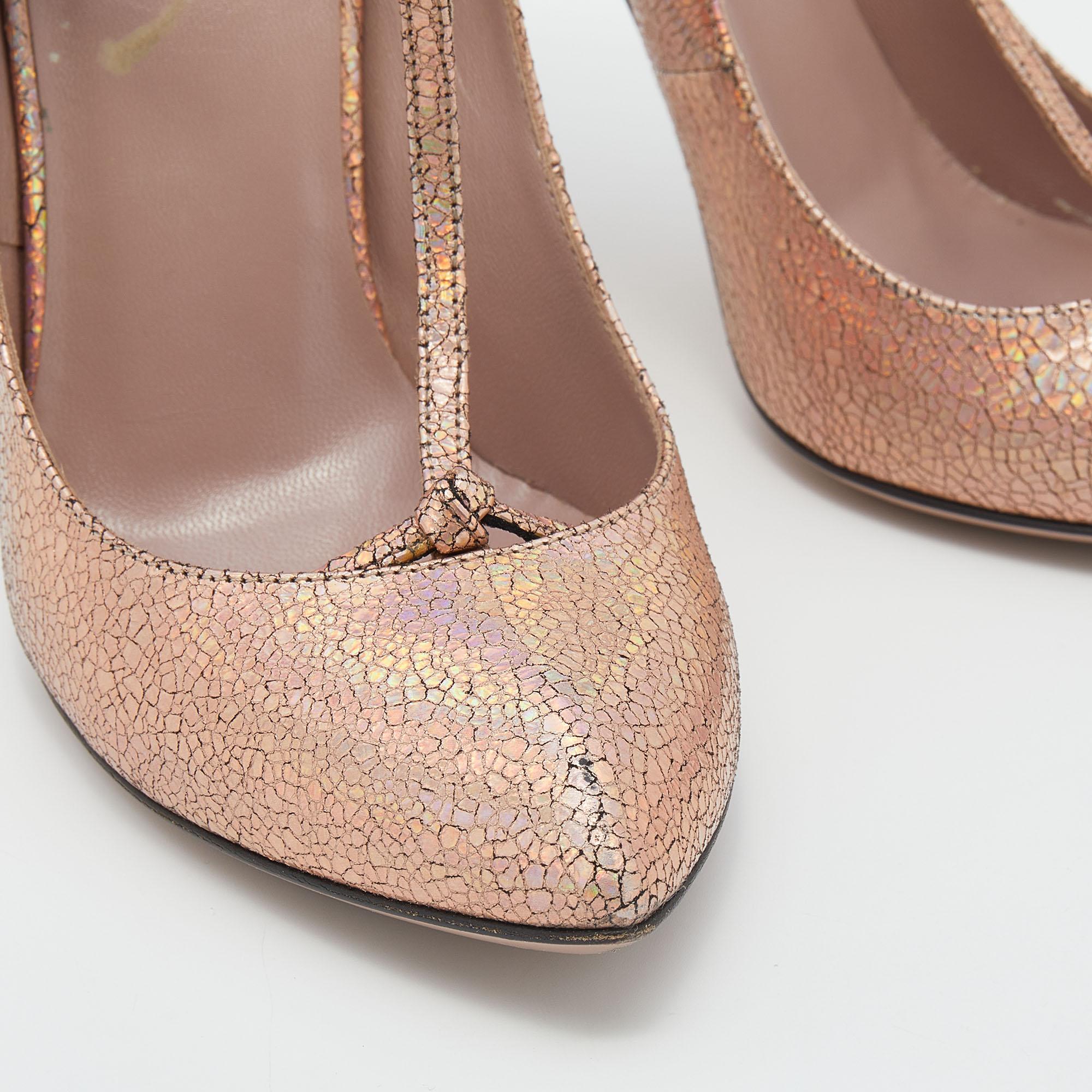 Gucci Metallic Holographic Crackled Leather Beverly T-Strap Pumps Size 37 For Sale 1