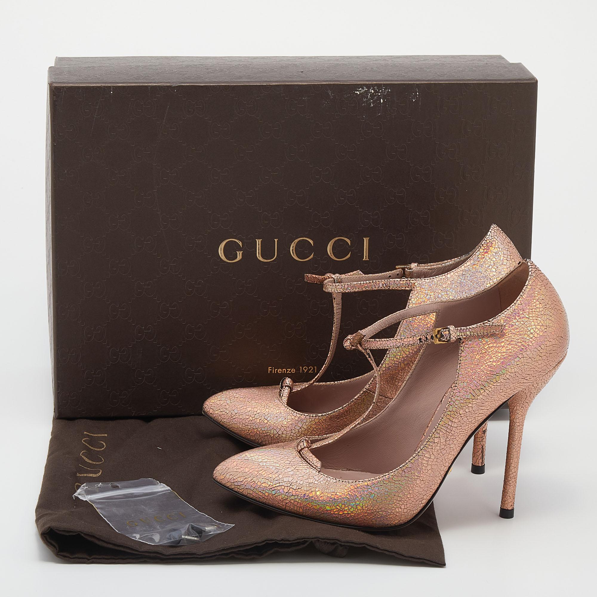 Gucci Metallic Holographic Crackled Leather Beverly T-Strap Pumps Size 37 For Sale 2