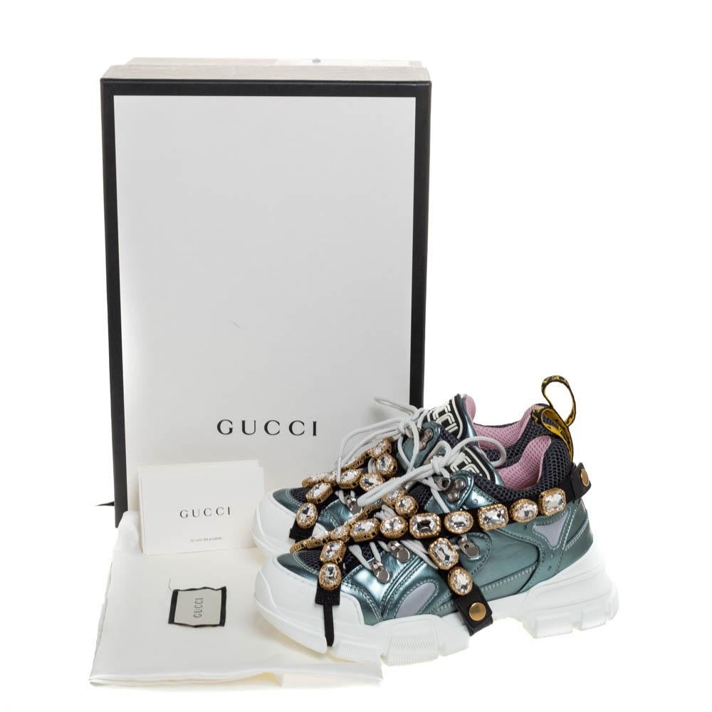 Women's Gucci Metallic Leather and Mesh Flashtrek Removable Crystals Sneakers Size 36