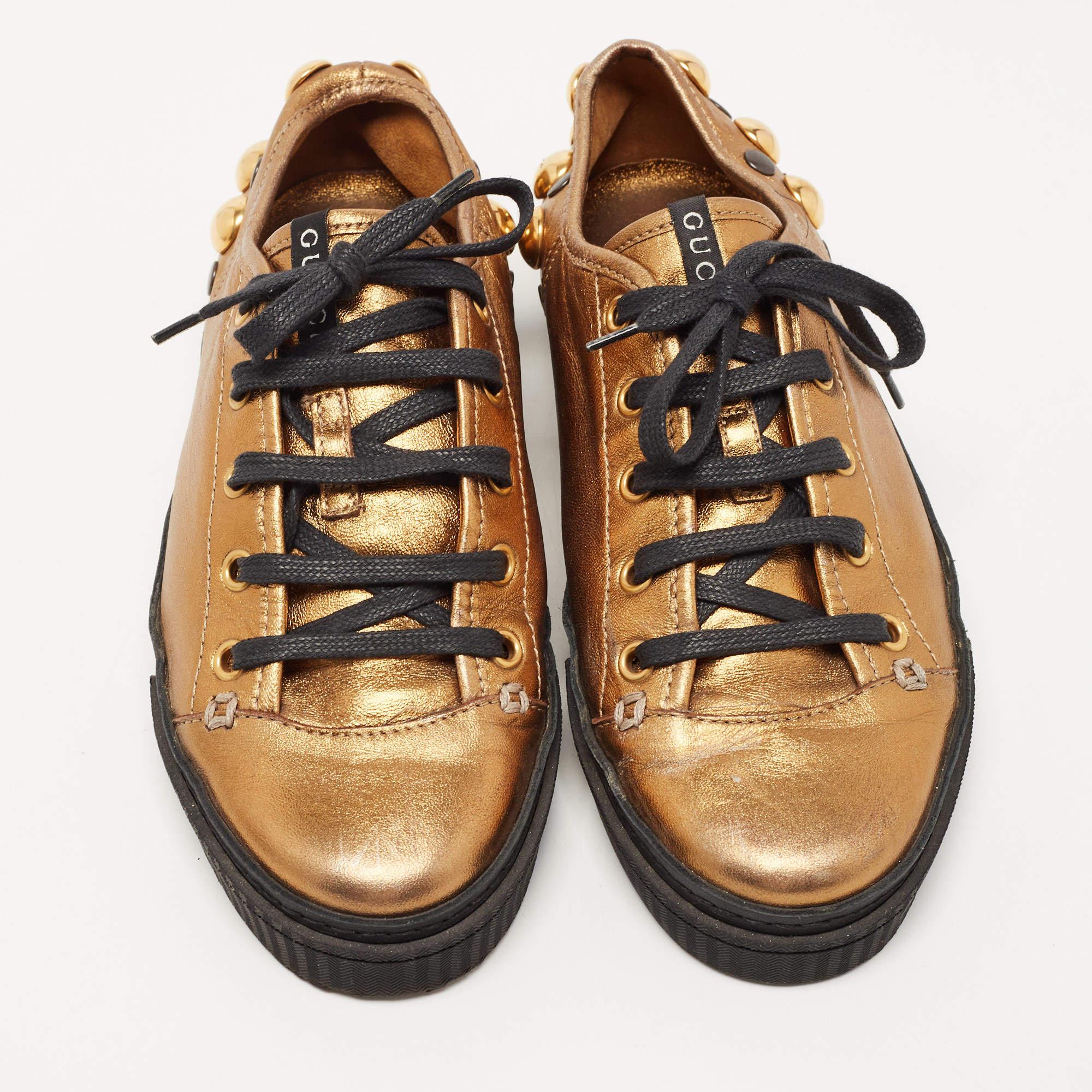 Brown Gucci Metallic Leather Babouska Studded Praga Sneakers Size 36 For Sale