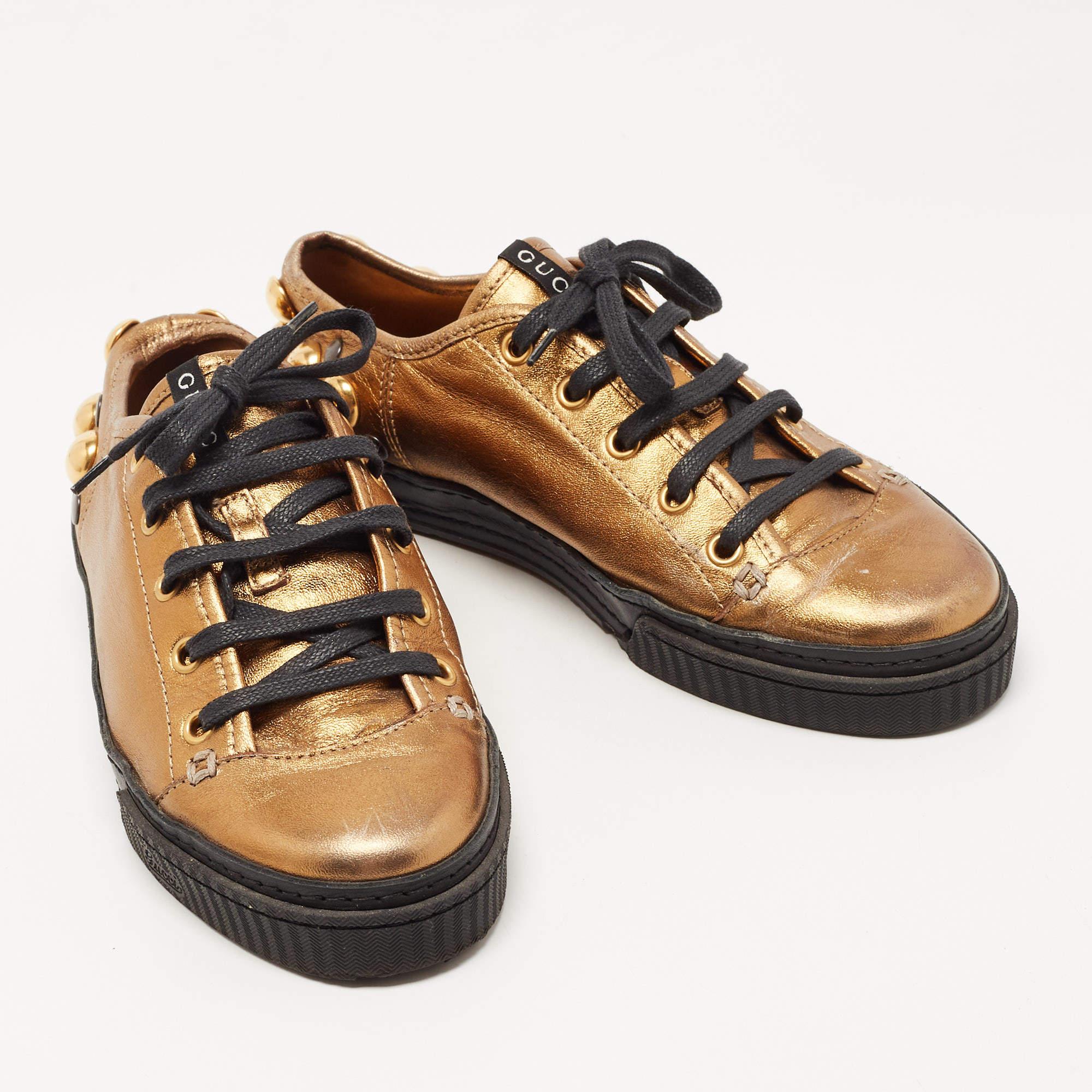 Gucci Metallic Leather Babouska Studded Praga Sneakers Size 36 In Good Condition For Sale In Dubai, Al Qouz 2