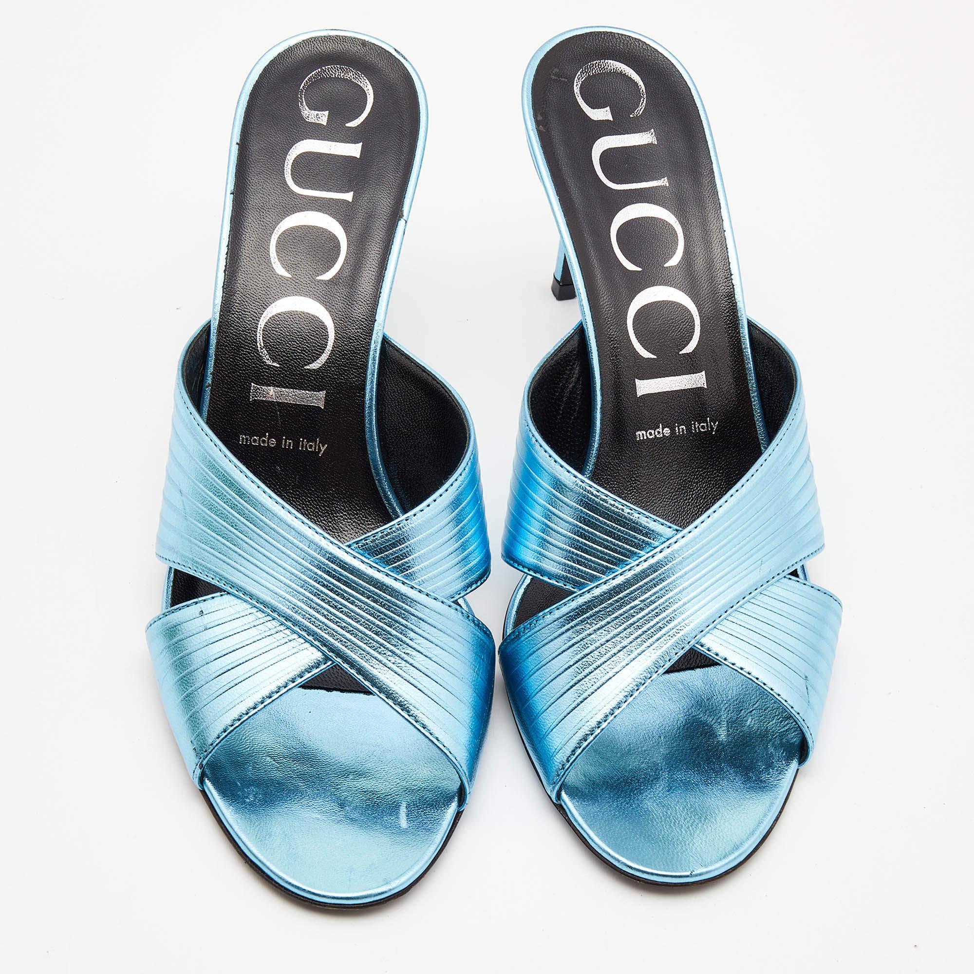 Gucci Metallic Leather Criss Cross Slide Sandals Size 38 1