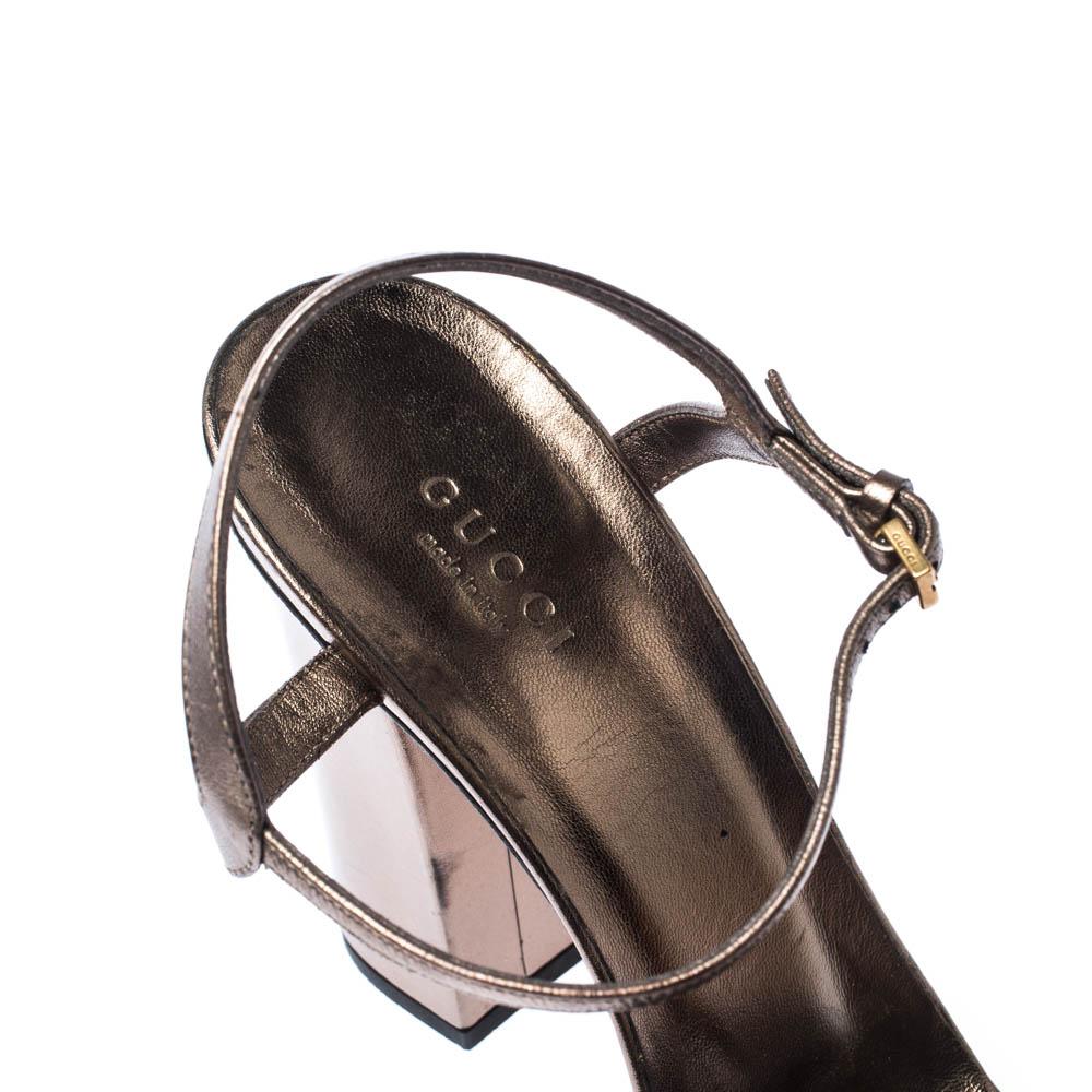 Women's Gucci Metallic Leather Horsebit Ankle Strap Block Heel Sandals Size 40