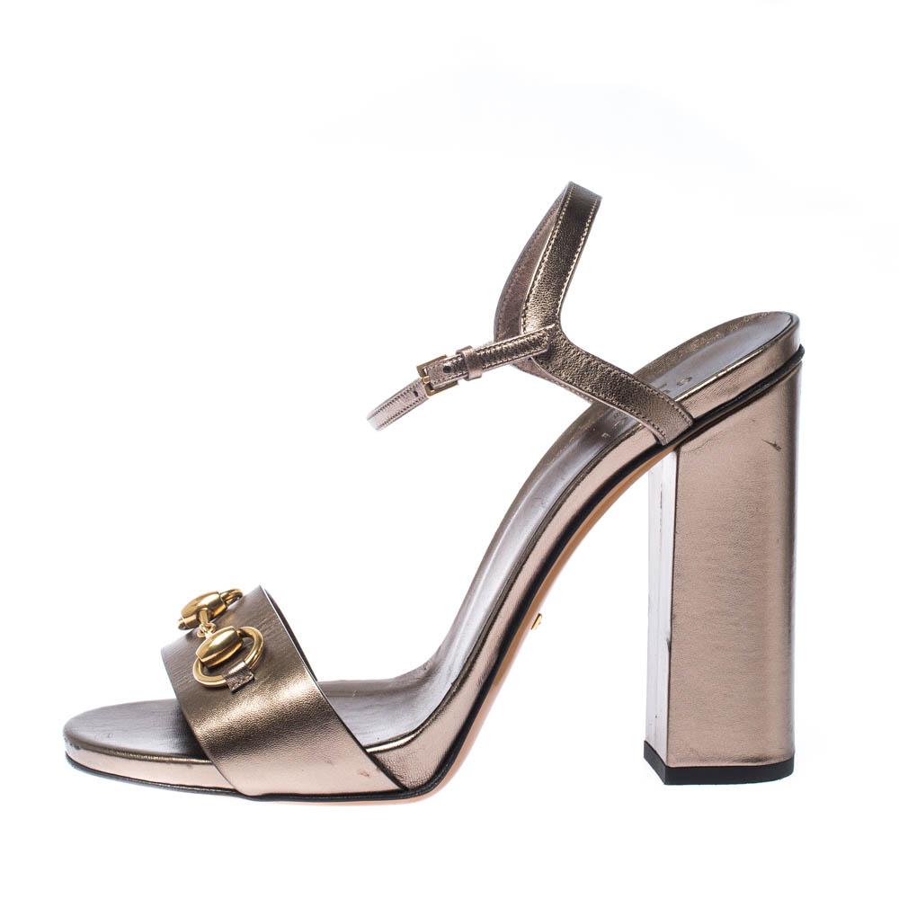 Gucci Metallic Leather Horsebit Ankle Strap Block Heel Sandals Size 40 1