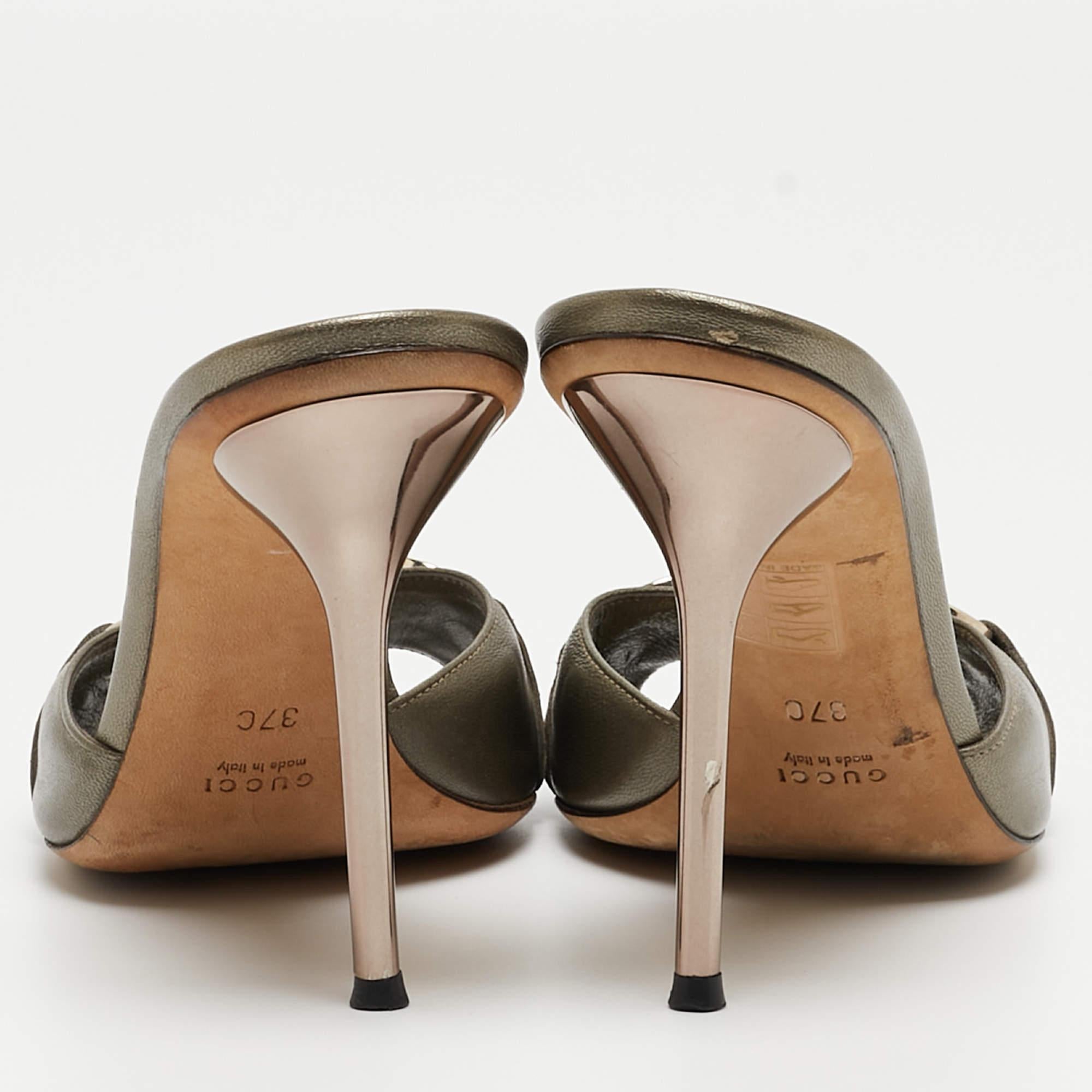 Gucci Metallic Leather Horsebit Slide Sandals Size 37 4