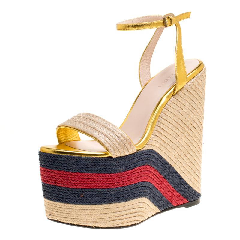 Gucci Metallic Leather Web Platform Ankle Strap Espadrille Wedge Sandals  Size 37 For Sale at 1stDibs
