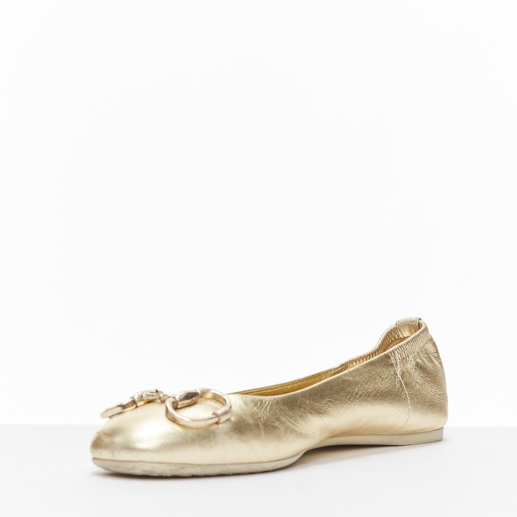 Women's GUCCI metallic light gold Horsebit buckle round toe ballerina flats EU36 For Sale