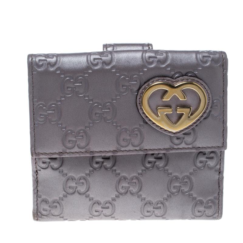 Gucci Metallic Lilac Guccissima Leather Heart Interlocking GG French Wallet