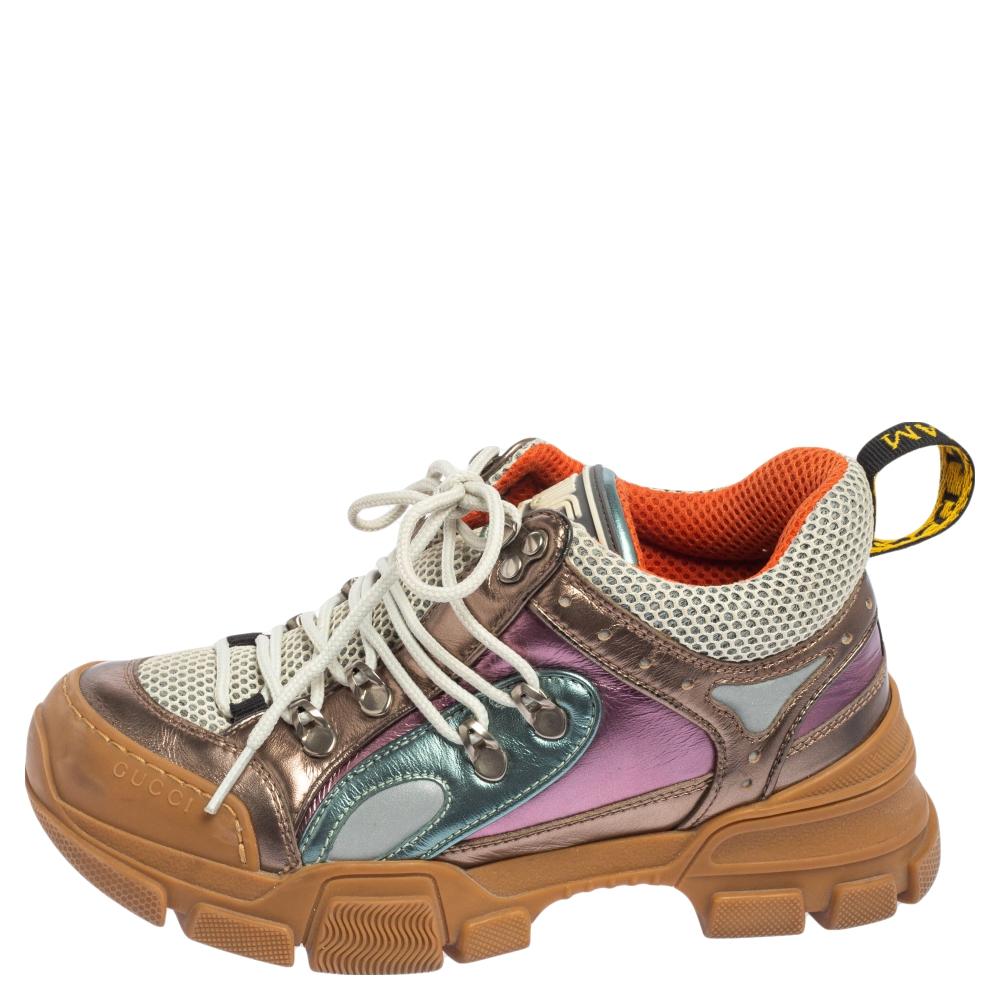 Inspired by hiking, the Gucci Flashtrek sneakers are a stylish take on the chunky shoe trend. Mounted atop a thick sole, these kicks are constructed from leather and mesh and accented with the label’s SEGA-inspired logo on the tongues. These kicks