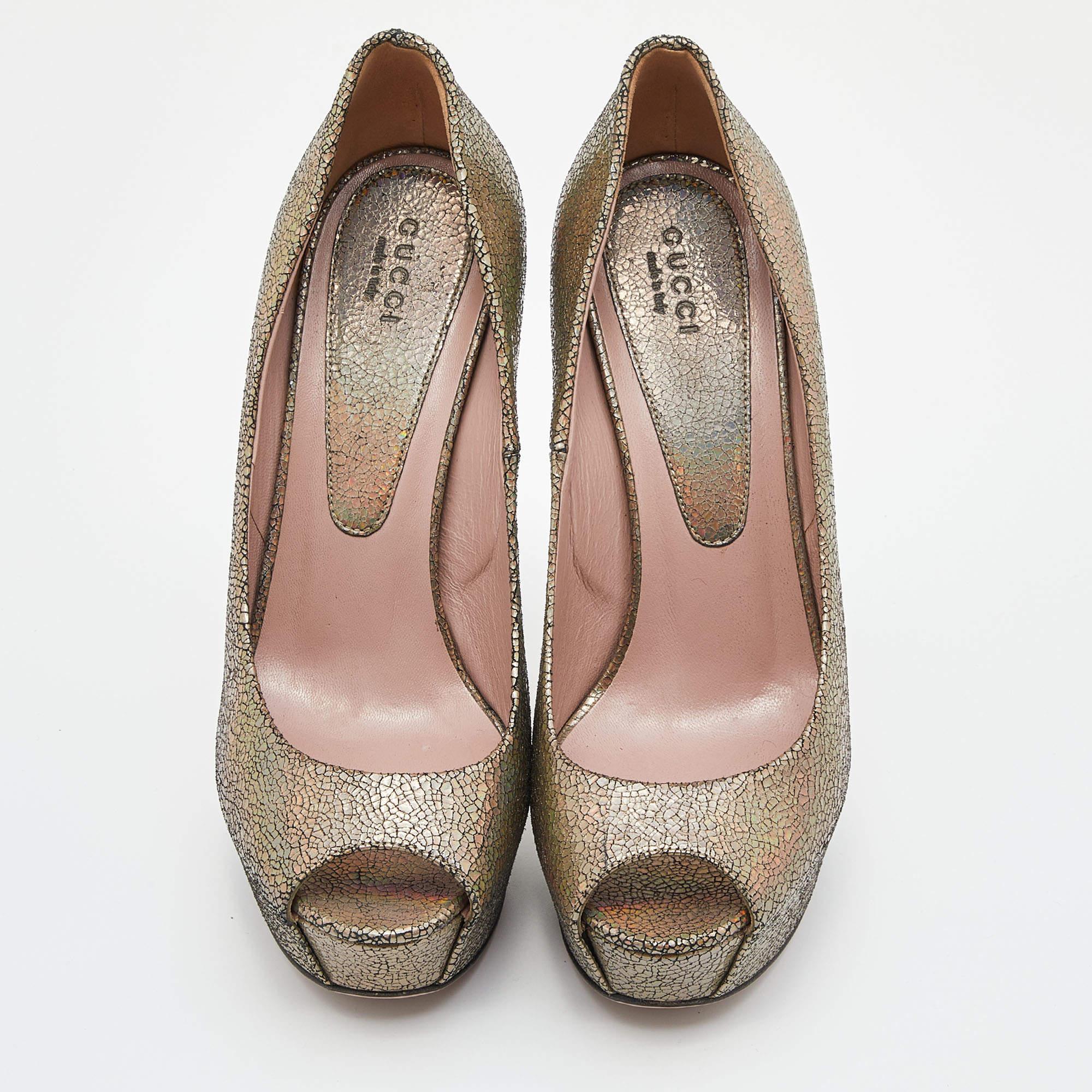 Brown Gucci Metallic Nizza Laser Leather Peep Toe Platform Pumps Size 38 For Sale