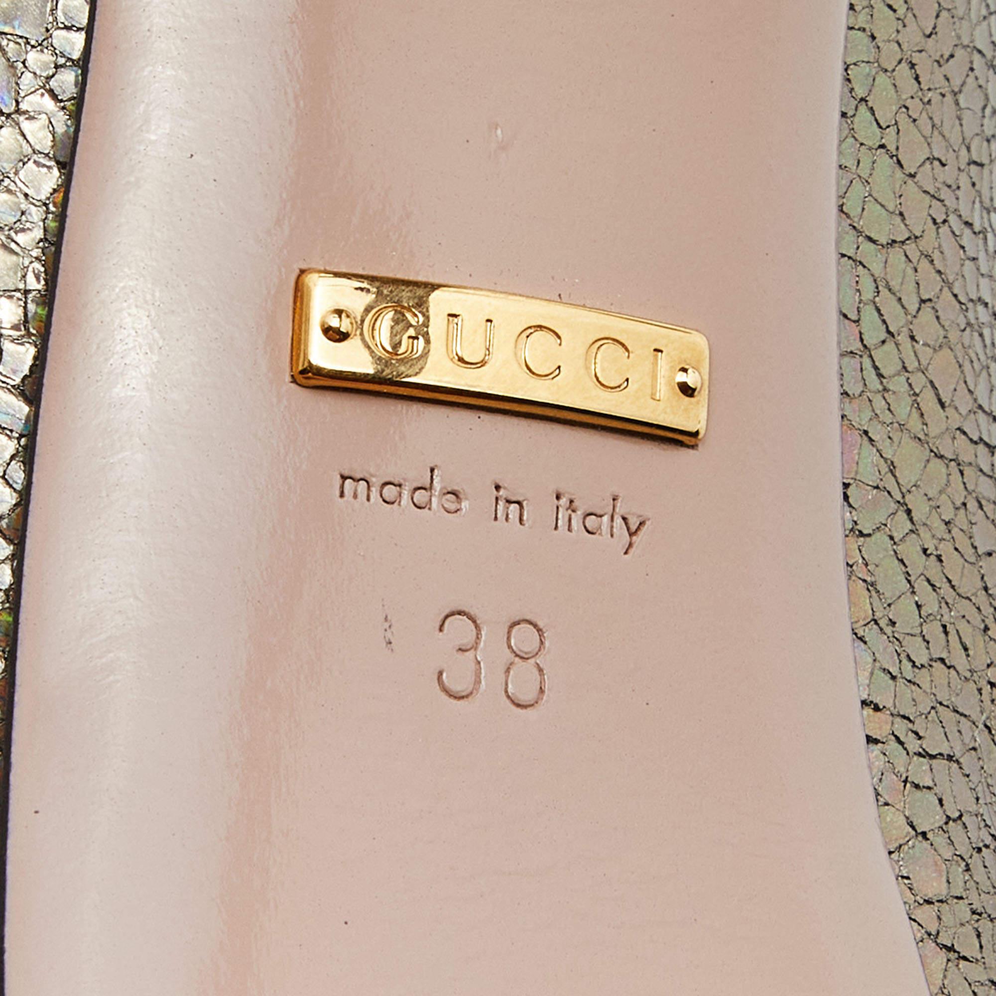 Gucci Metallic Nizza Laser Leather Peep Toe Platform Pumps Size 38 For Sale 3