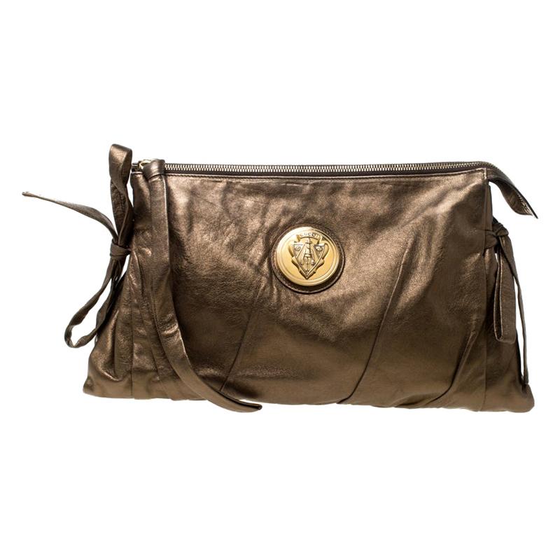 Gucci Metallic Olive Leather Large Hysteria Clutch