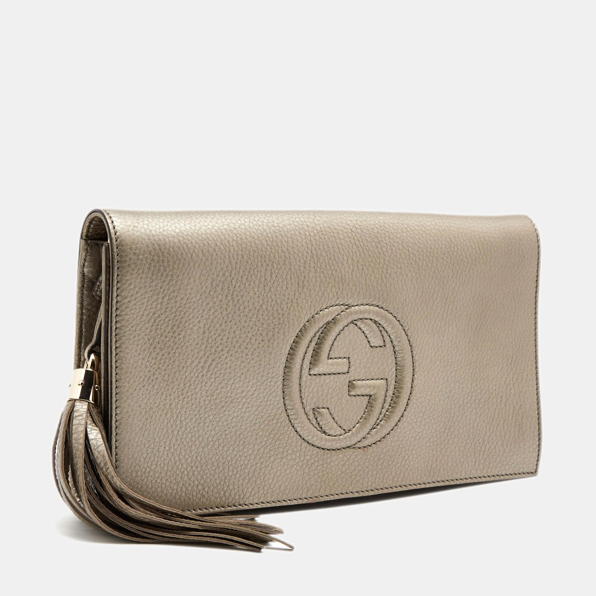 Brown Gucci Metallic Pebbled Leather Soho Clutch