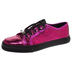 Gucci Metallic Pink Coarse Glitter And Leather Trim Low Top Sneakers Size 38