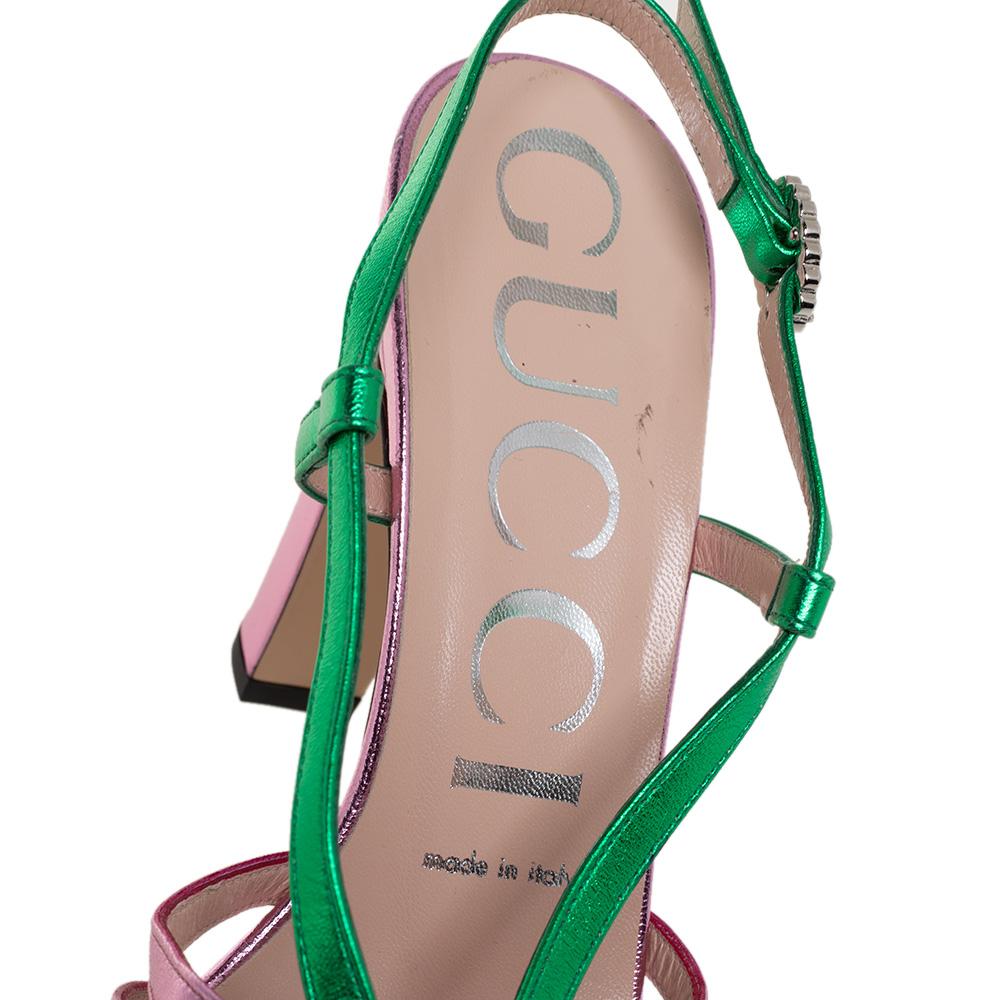 Beige Gucci Metallic Pink/Green Embellished Strappy Ankle Strap Sandals Size 37.5