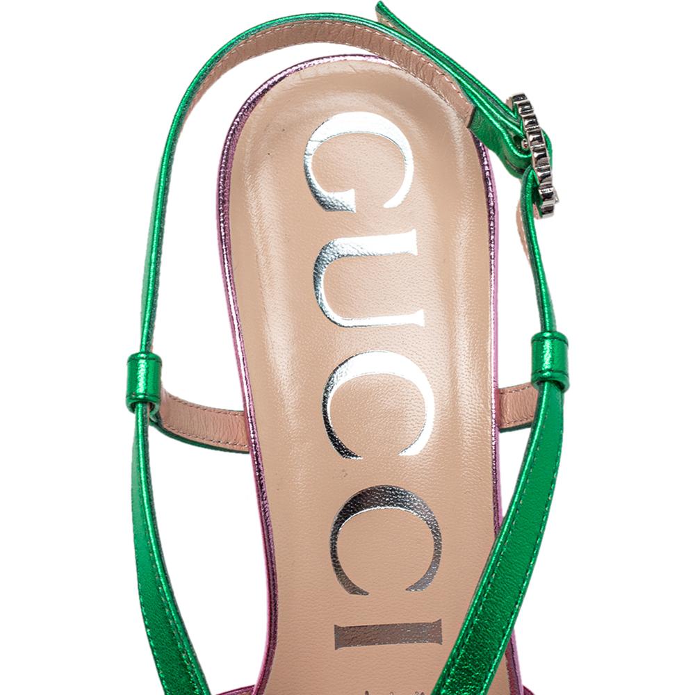 Beige Gucci Metallic Pink/Green Leather Platform Slingback Sandals Size 36