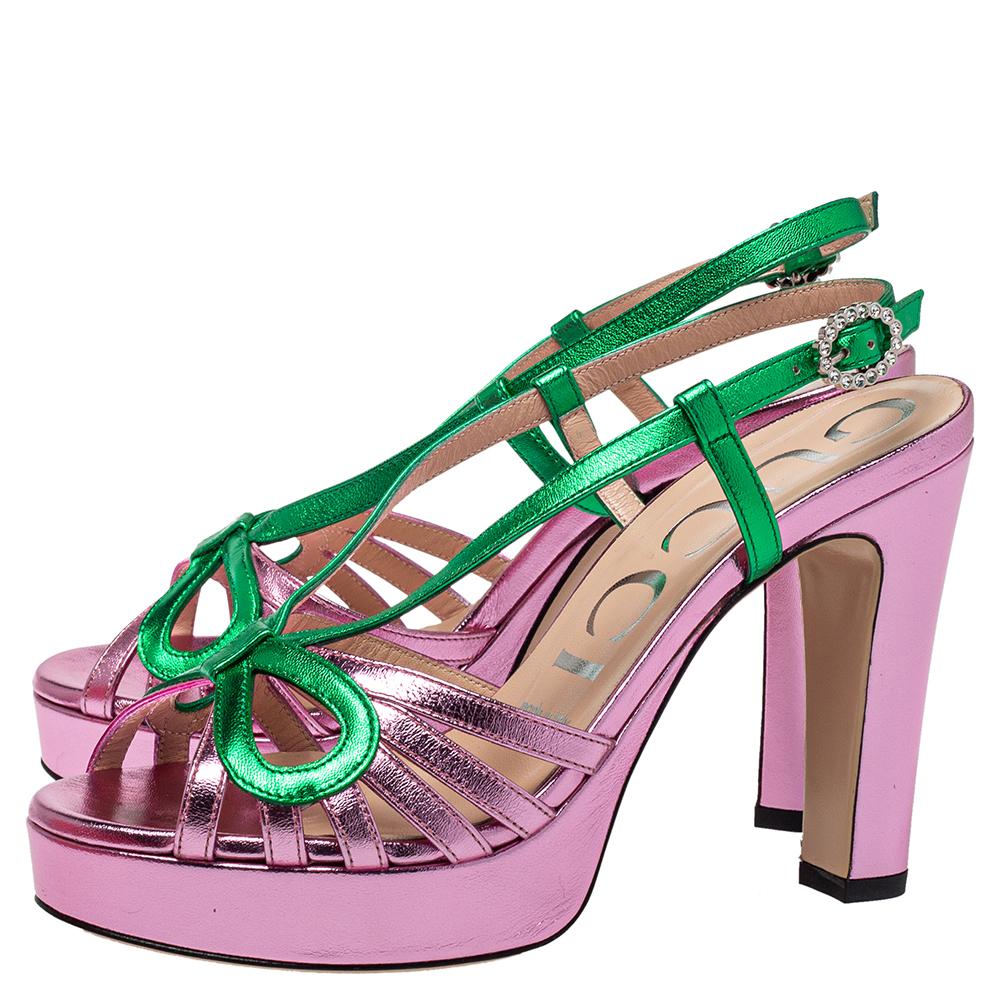 Gucci Metallic Pink/Green Leather Platform Slingback Sandals Size 36 In Excellent Condition In Dubai, Al Qouz 2