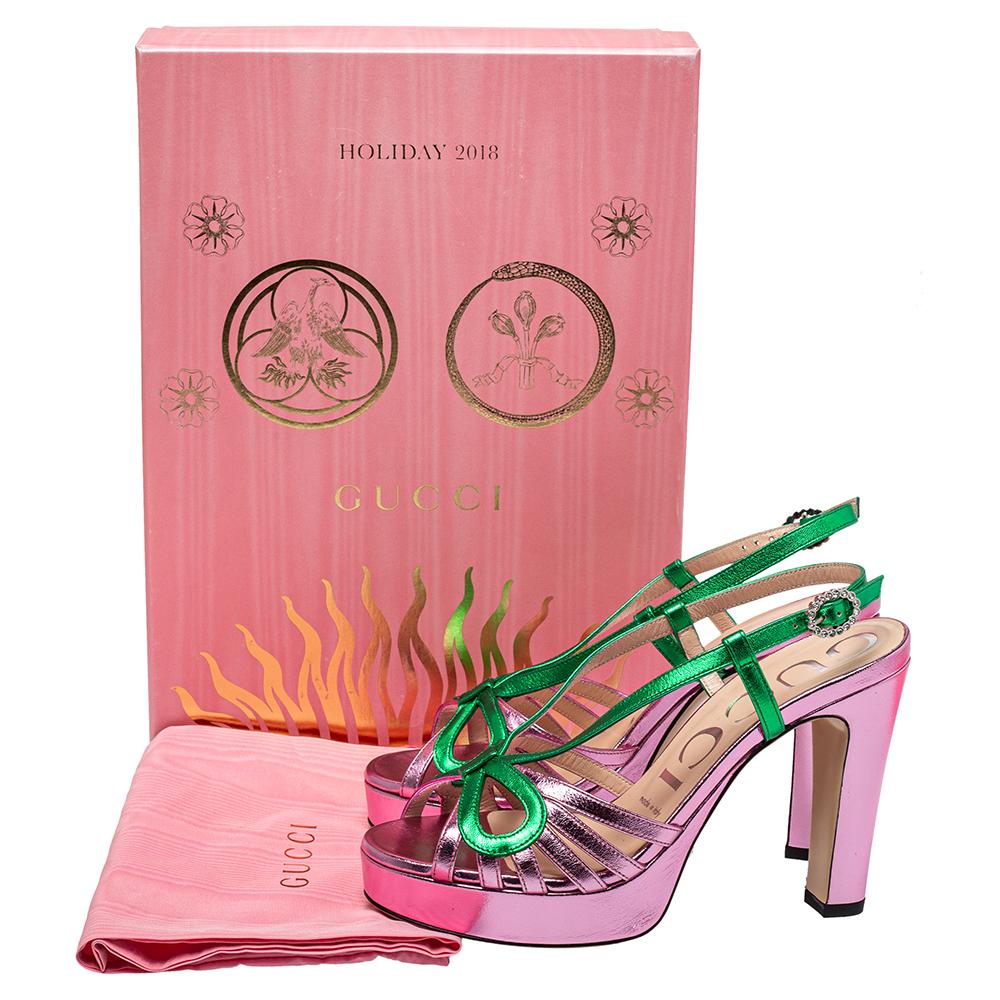 Women's Gucci Metallic Pink/Green Leather Platform Slingback Sandals Size 36