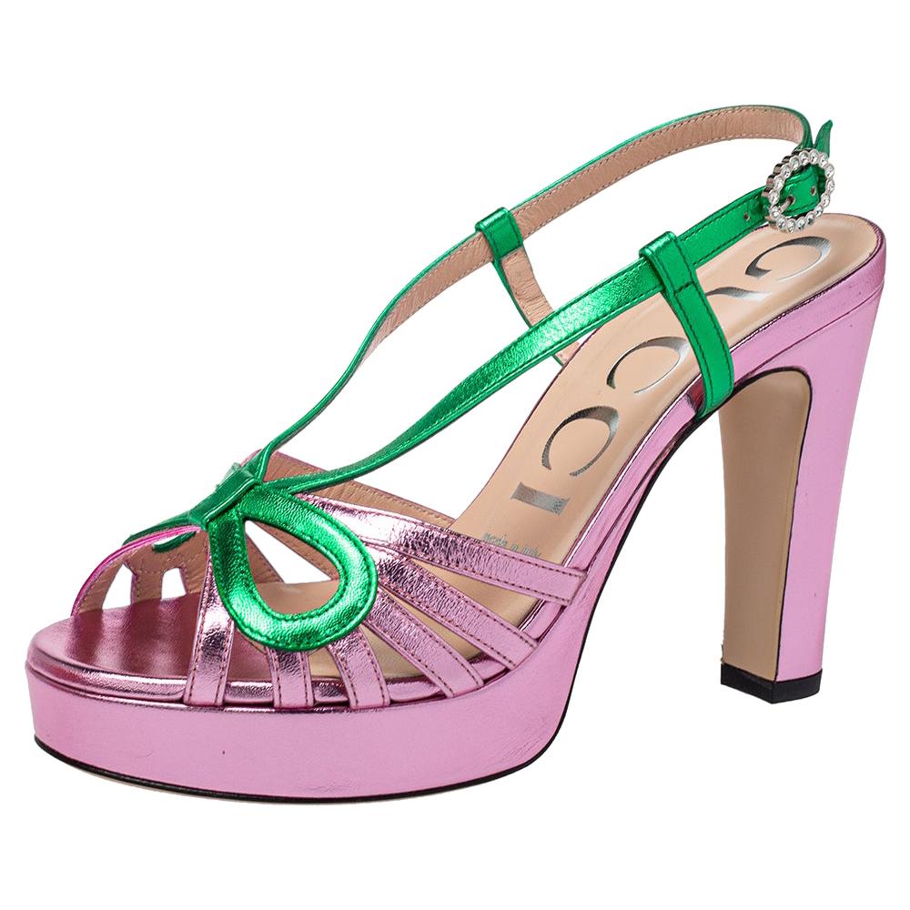 Gucci Metallic Pink/Green Leather Platform Slingback Sandals Size 36
