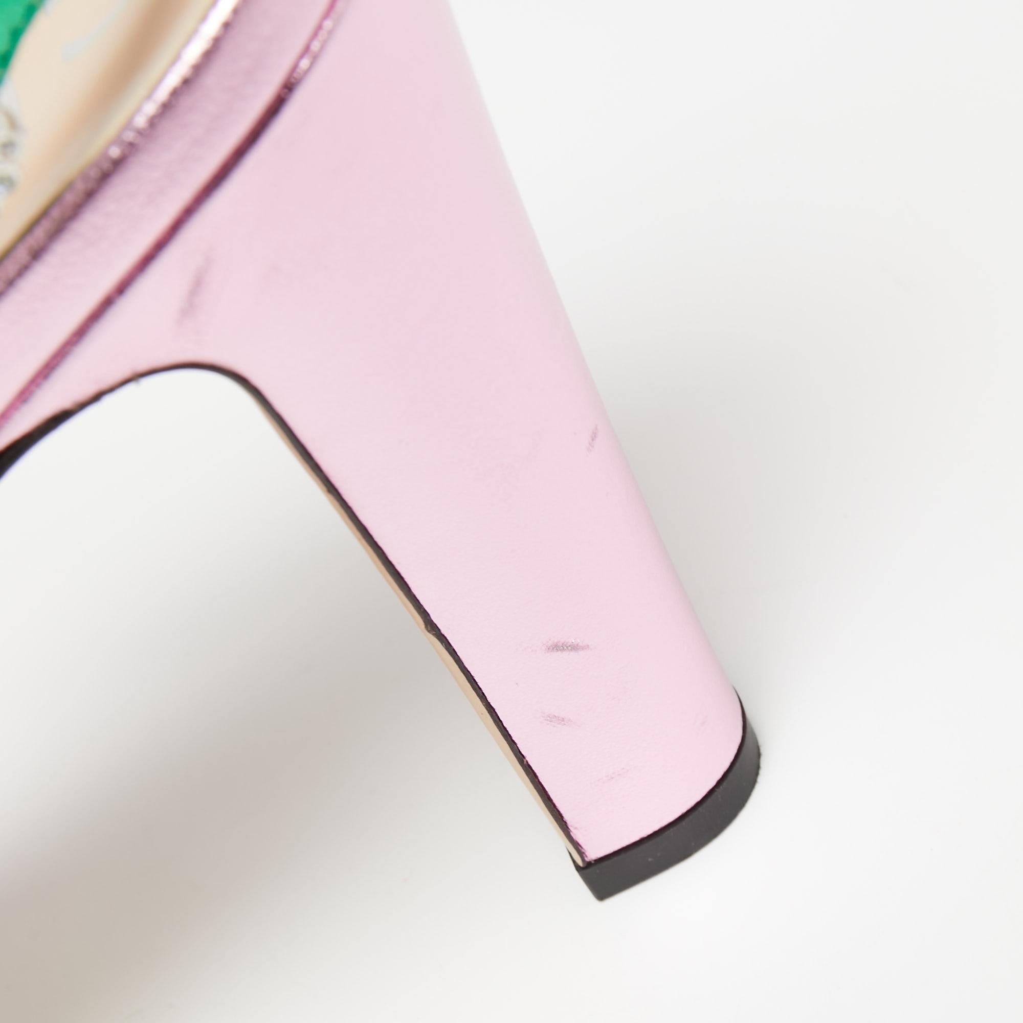 Gucci Metallic Pink/Green Leather Zephyra Platform Slingback Sandals Size 37.5 2
