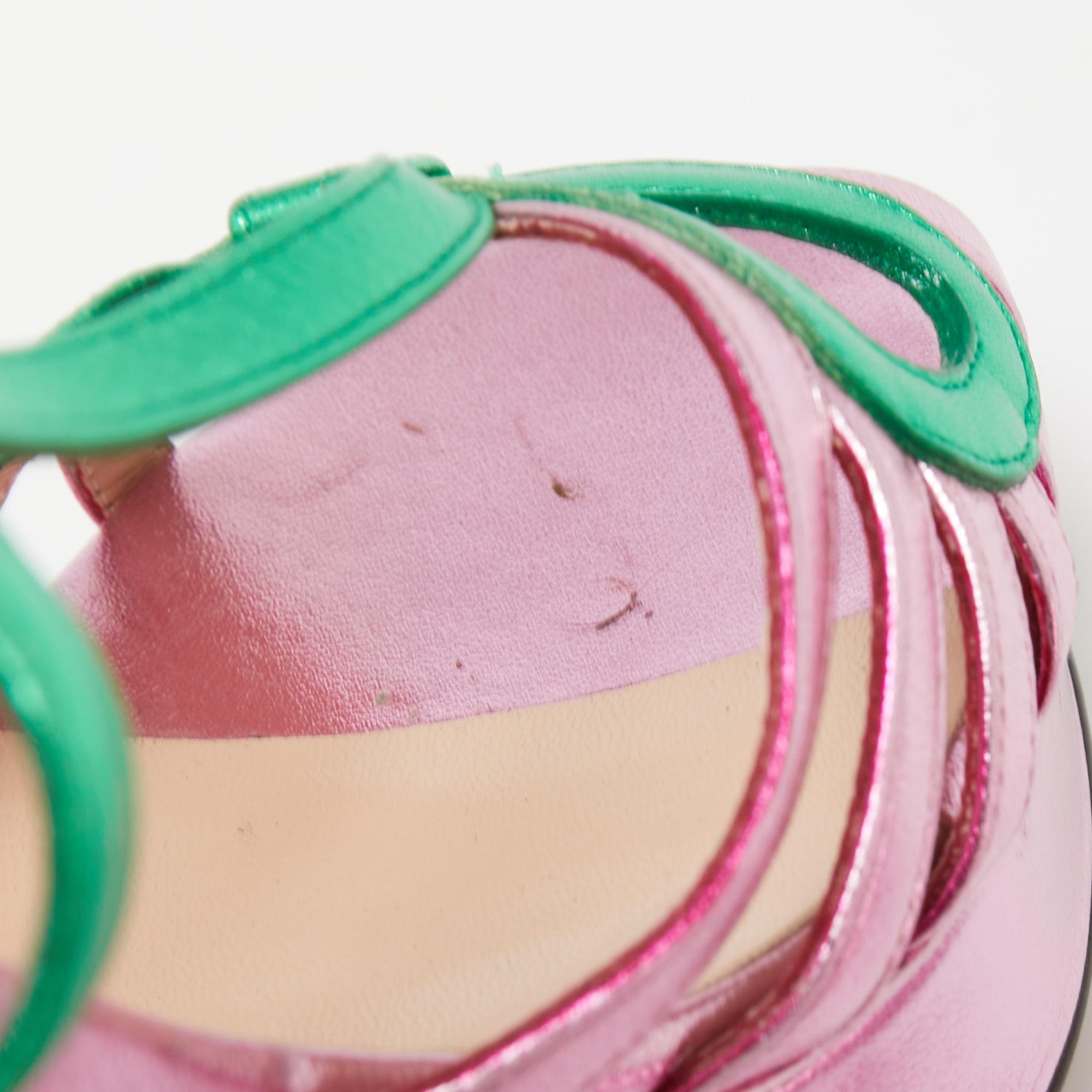 Beige Gucci Metallic Pink/Green Leather Zephyra Platform Slingback Sandals Size 37.5
