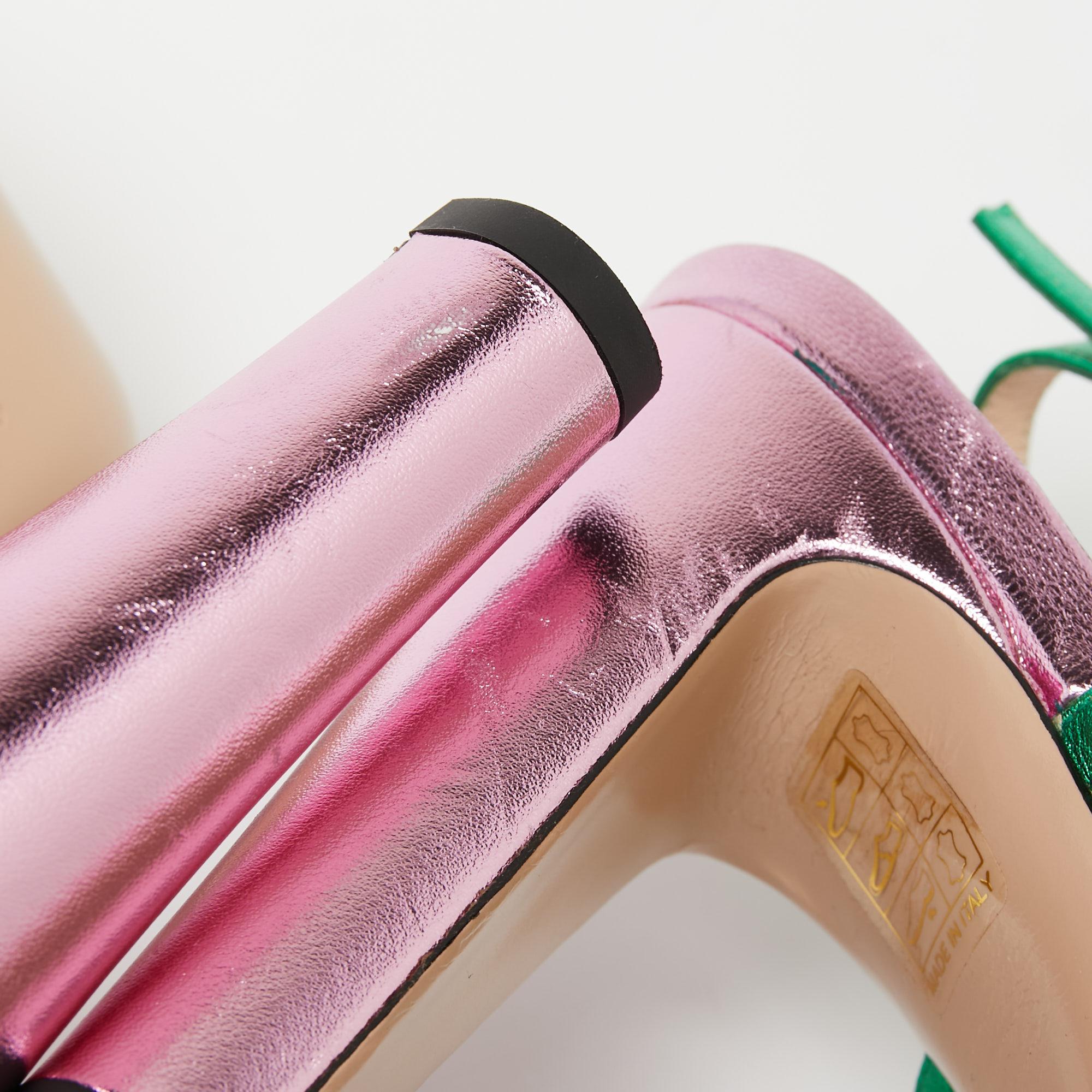 Women's Gucci Metallic Pink/Green Leather Zephyra Platform Slingback Sandals Size 37.5