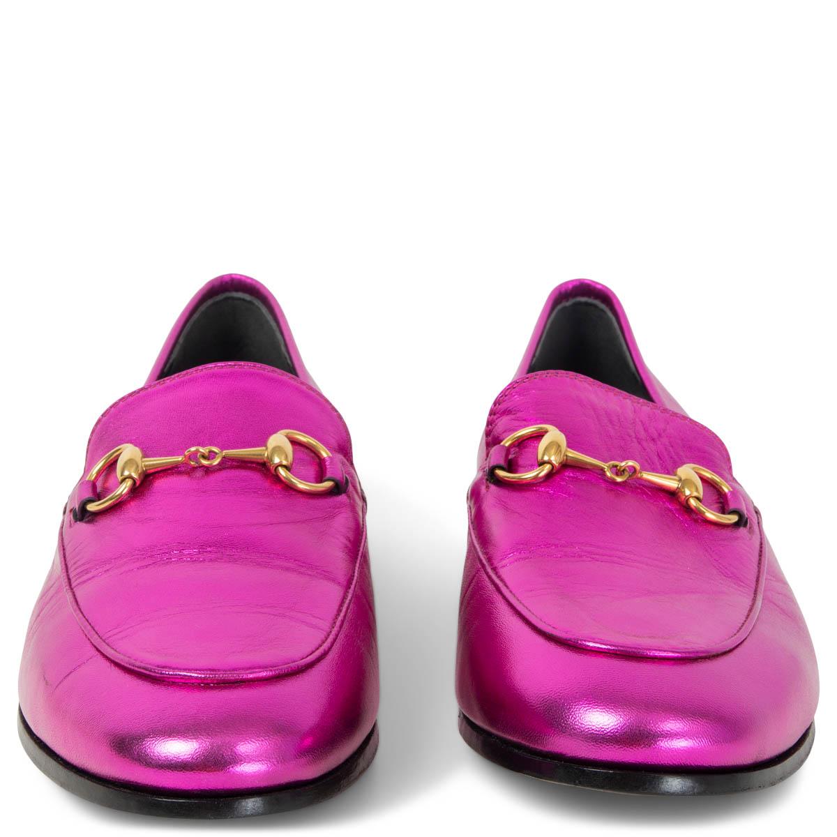 100% authentic Gucci Jordaan loafers in metallic fuchsia leather embellished with gold-tone signature horsebit. Brand new. Come with dust bag. 

Measurements
Imprinted Size	37.5
Shoe Size	37.5
Inside Sole	25cm (9.8in)
Width	7.5cm (2.9in)
Heel	1.5cm