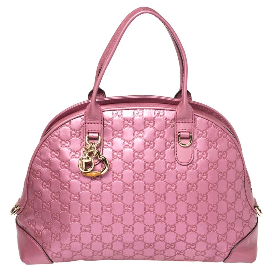 Gucci Metallic Pink Leather Medium Guccissima Heart Bit Top Handle Dome Bag